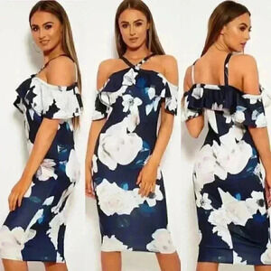 Yoins Navy Floral Print Off The Shoulder Party Dress L